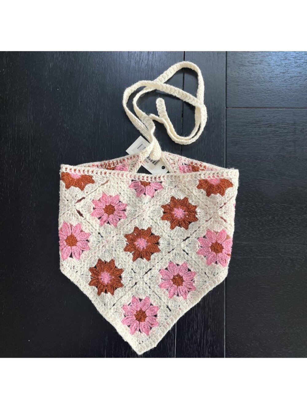 Crochet Bandana Hair Scarf Pink Brown Floral Cottagecore Hippie Boho Grandmacore
